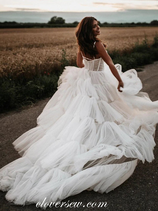 White Tulle Spaghetti Strap Tiered Sexy Wedding Dresses, CW0192