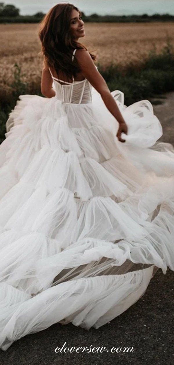 White Tulle Spaghetti Strap Tiered Sexy Wedding Dresses, CW0192