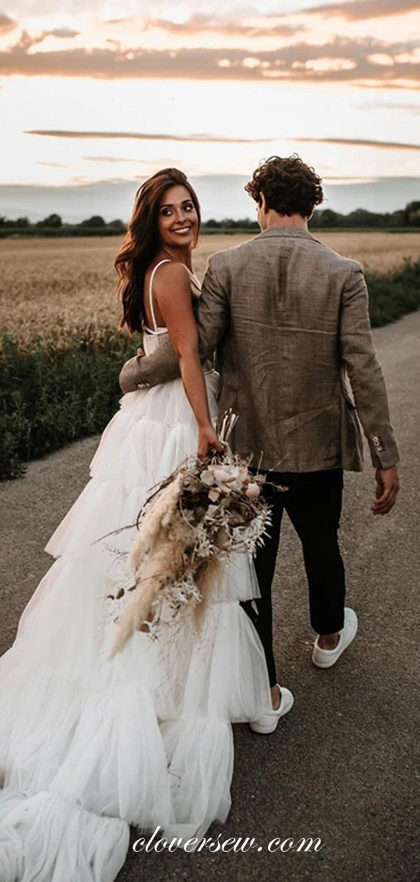 White Tulle Spaghetti Strap Tiered Sexy Wedding Dresses, CW0192