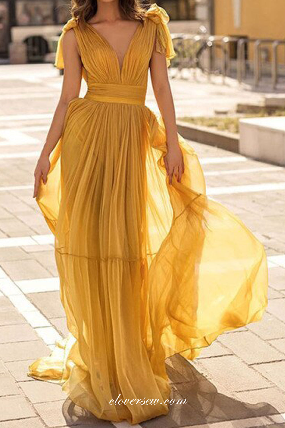 Yellow Chiffon Sleeveless V-neck Charming Flowy Party Dresses, CP0806 –  clover sew