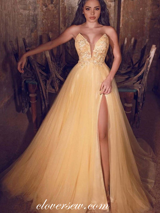 Yellow Lace Tulle Fashion Strapless A-line Side Slit Prom Dresses, CP0703