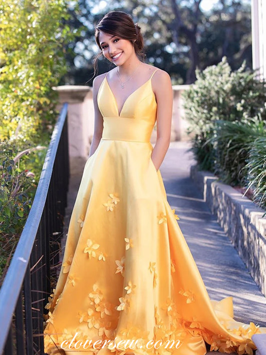 Yellow Satin 3D Applique Spaghetti Strap Lace Up Back Prom Dresses, CP0522