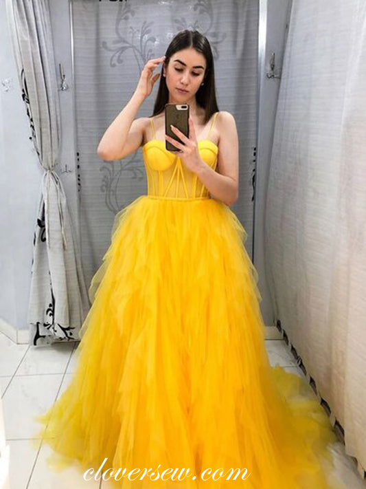 Yellow Tulle Sweetheart Spaghetti Strap Ruffles A-line Prom Dresses, CP0519